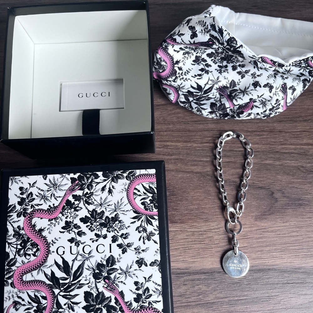 Gucci Black and White Floral Mask with Pink Snake and Silver Chain